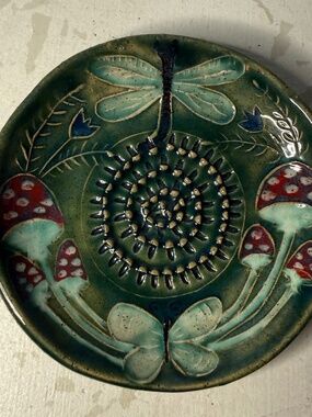 Flutterby Garlic Grater Handmade Pottery Dragonfly Toadstool Mushrooms Forest